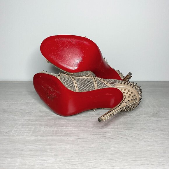 Louboutin Alarc Nude Leather Spiked Heels - Picture 7 of 9